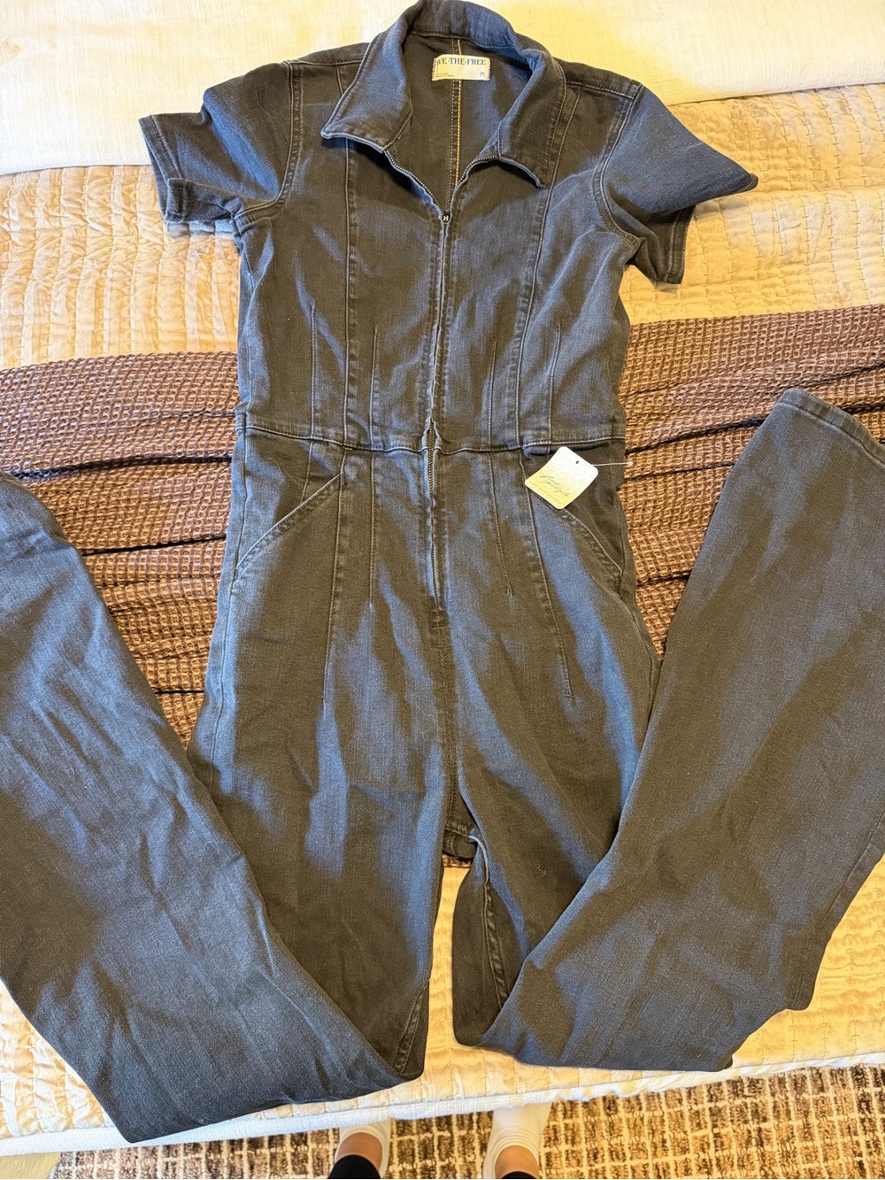 NWT Free People Charcoal Short-Sleeve Zip-Front Denim Jumpsuit